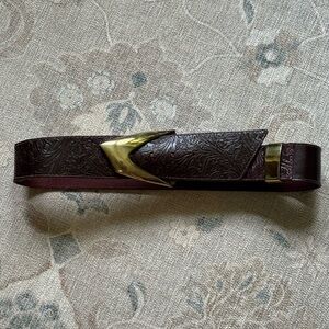 Brown Embossed Leather Waist Belt with a Large Gold Buckle